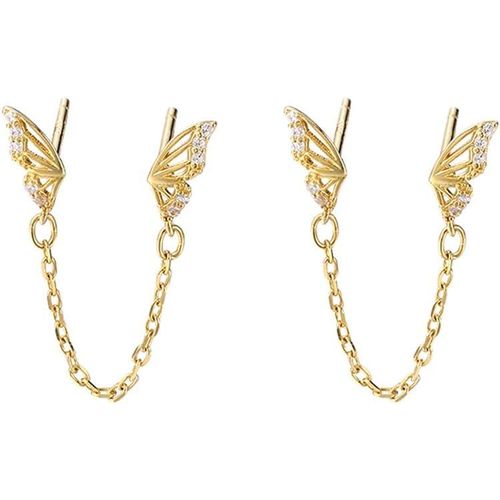 Kal-Mignon Petit Papillon Cz Double Piercing À Tige Avec Chaîne En Argent Sterling 925 Boucles D'oreilles Pour Femmes Filles Cartilage Hypoallergénique Cadeaux De Noël Fille Sa Meilleure Amie