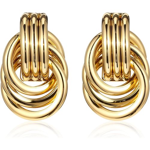 Kal-Boucles D'oreilles Pendantes En Forme De N?ud - Hypoallergéniques - En Laiton - Gouttes Épaisses - Plaqué Or - Boucles D'oreilles Tendance Vintage - Cadeau Pour Femme