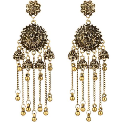 Kal-Bollywood Boucles D'oreilles Indiennes Traditionnelles Ethniques En Perles Jhumka Jhumki Pour Femmes Et Filles Perles Bohémiennes Longues Pampilles Pendantes Cloches Tribales Bijoux Cadeau