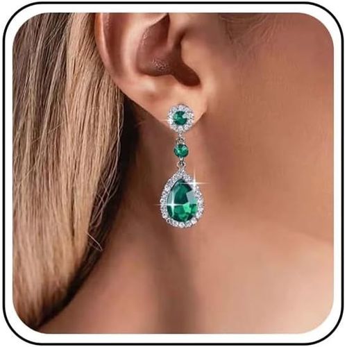 Kal-Boucles D'oreilles Boho En Cristal Émeraude Boucles D'oreilles Pendantes Émeraude Verte Boucles D'oreilles En Cristal Larme Boucles D'oreilles Clous D'oreilles Émeraude Cz Étincelants Bijoux