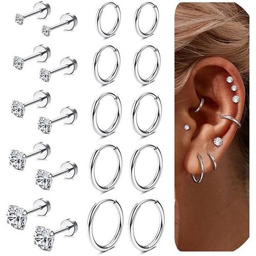Kal-10pairs Boucles D'oreilles Argent/Or Pour Femme Hypoallergénique Piercing Oreilles Acier Chirurgical Boucles D'oreilles Médicales Créoles Set Helix Cartilage Piercings