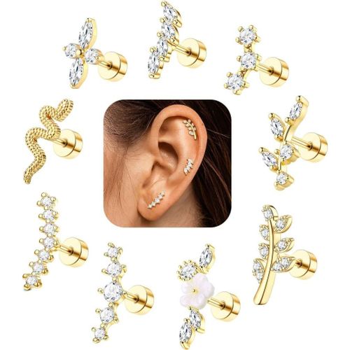 Kal-Piercing Oreille Helix Tragus Conch - 9pcs 16g 18g Boucles D'oreilles Femme Acier Chirurgical Argent Boucle D'oreille Piercing Oreille Acier Chirurgical Or Boucles D'oreilles Helix Tragus Conch