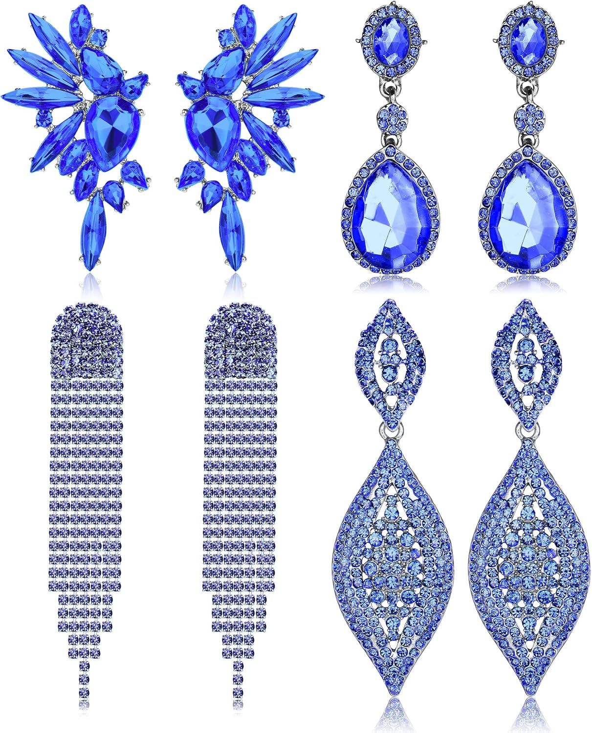 Kal-4 Paires De Boucles D'oreilles À Clip Pour Les Femmes Et Les Filles Boucles D'oreilles Pendantes Non Percées En Cristal Argenté Avec Strass Pour Le Mariage Et Le Bal De Fin D'année