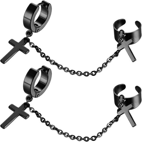 Kal-Boucle D¿Oreilles Avec Pendentif De Croix Raccordé À Clips D'oreilles Non Percées Sur Oreille Cartilage En Acier Inox