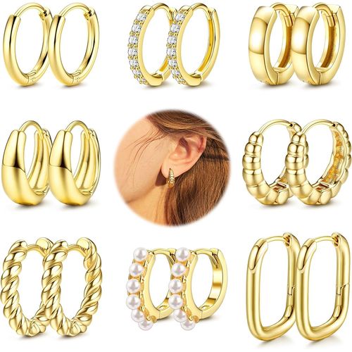 Kal-9 Paires Boucles D'oreilles Femme Or Creoles Or Femme 14k Plaqué Hypoallergénique Boucles D'oreilles Or/Argent Épais Petites Boucles D¿Oreilles Empilables Légères Ensemble De Bijoux En Or