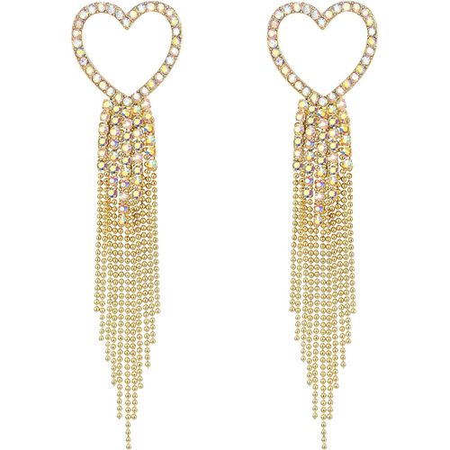 Kal-Boucles D'oreilles Pendantes En Forme De C?ur Pour Femmes Et Filles - Cristal De Strass - Longue Cascade - Perles À Franges - Lustre - Boucles D'oreilles De Mariage