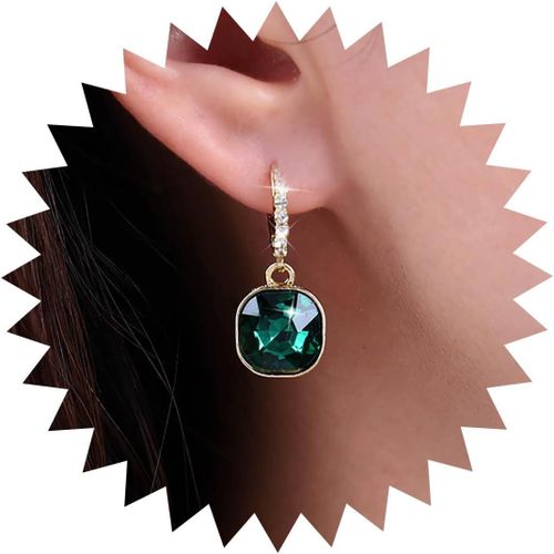 Kal-Boucles D'oreilles Boho Carré Émeraude - Goutte D'eau, Cristal, Cerceau - Bijoux Pour Femmes Et Filles
