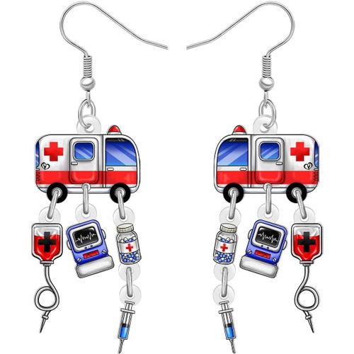 Kal-Drôle Boucles D'oreilles Voiture Ambulance Boucles D'oreilles En Acrylique Pour Les Femmes Médecins, Infirmières, Assistantes Médicales