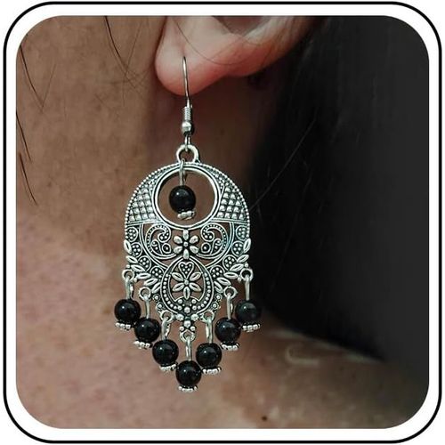 Kal-Boucles Oreilles Gitanes Vintage Perle Noire Boucles Oreilles Boho Gitane Boucles Oreilles Ethniques Boucles D'oreilles Perle Pampille Chandelier Crochet Bijoux Pour Femmes Et Filles(Argent)