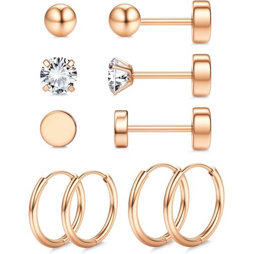 Kal-5paires Boucles D'oreilles Titane G23 Pour Oreilles Sensibles Boucles D'oreilles Hypoallergénique Zirconium Cubique Pour Piercing Multiple Cartilage Boucles D'oreilles À Dos Plat Pour Femmes 20g
