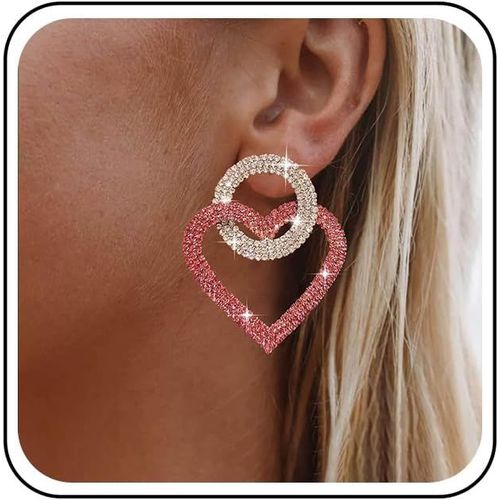 Kal-Boucles D'oreilles Grand Coeur En Strass Boucles D'oreilles Gouttes De Cristal Coeur Vert Boucles D'oreilles Pendantes Cercle Creux En Strass Boucles D'oreilles Clous En Cz