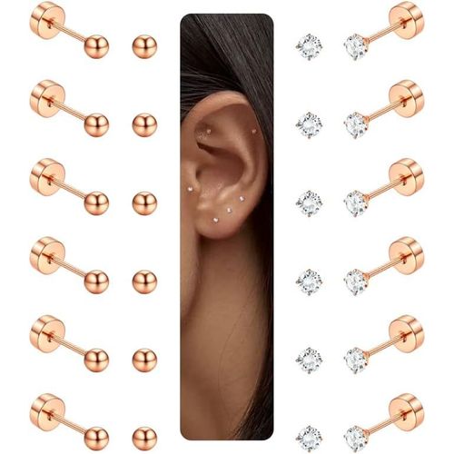 Kal-12 Paires Boucles D'oreilles Pour Femmes Hommes Filles Plaqué Or 14k Acier Chirurgical 316l Cartilage Piercing Tiny Boucles D'oreilles 20g Clear Cz Ronde Vis À Bille Flatback Boucles D'oreilles