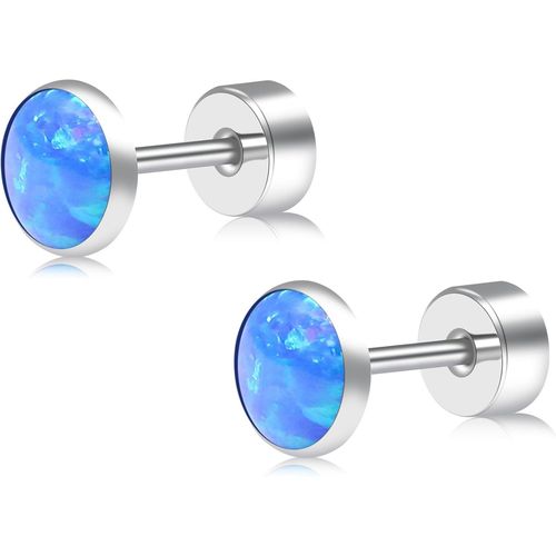 Kal-Boucles D'oreilles À Tige Plate En Titane Pour Femme ¿ Boucles D'oreilles À Tige En Opale Bleu Pacifique ¿ Boucles D'oreilles À Dos Plat Hypoallergéniques Pour Cartilage, Tragus, Hélix, Conque De