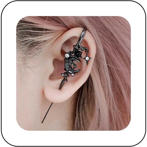 Kal-Boucles D'oreilles Punk Moon Ear Crawler Boucles D'oreilles Vintage Crescent Moon Ear Needle Piercing Boucles D'oreilles Black Cz Moon Ear Bar Wrap Boucles D'oreilles Moon Edgy Ear Pin