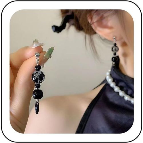 KAL-Boucles D'Oreilles Pendantes En Perles De Boule Ethniques Longues Pampilles En Perles D'Onyx Noir Boucles D'Oreilles Pendantes Perles Rondes Boucles D'Oreilles À Franges Bijoux Pour Femmes