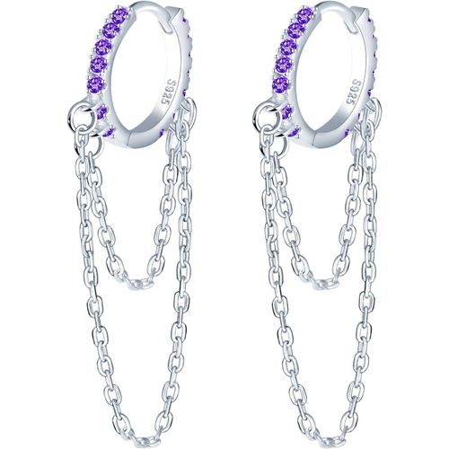 Kal-Petites Boucles D'oreilles Créoles Avec Chaine Argent 925 Boucles D'oreilles Femme Créoles Zircone Cubique Longues Boucles D'oreilles Pendantes