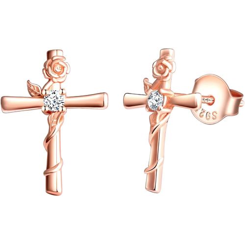 Kal-Boucles D'oreilles Croix Et Fleur De Rose Pour Femme Fille, Clous D'oreilles En Argent 925, Zircon Incrusté, Argent, Or Rose Et Or