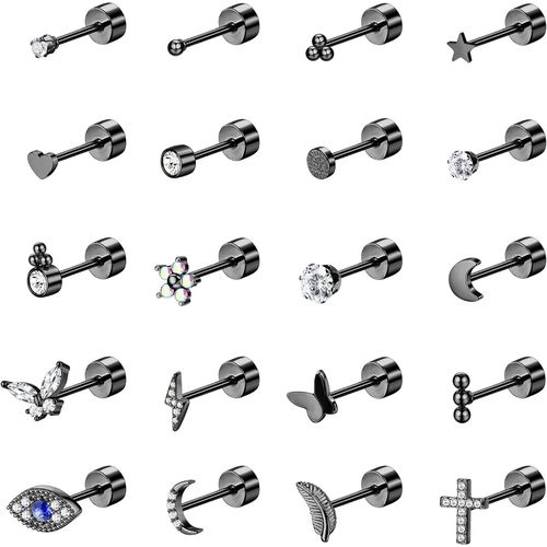 Kal-Hypoallergénique Boucles D'oreilles Femme Acier Chirurgical Cartilage Boucle D'oreille 20g Petit Piercing Helix Cz Etoile Papillons Lune 20pcs Or Argent Noir