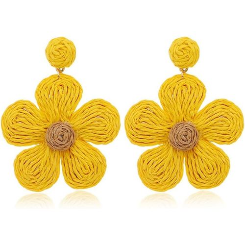 Kal-Boucles D'oreilles Pour Femmes Raphia Faites À La Main En Paille Pendentif Boucles D'oreilles Pendentif Fleur De Bohème Pétale Boucles D'oreilles Bijoux Cadeaux
