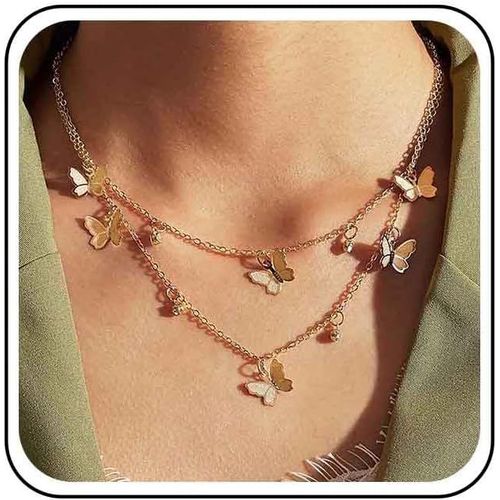 Kal-Collier Boho Papillon Lune Choker Collier Pendentif Papillon Pave Cz Collier Papillon Strass Doré Collier Chaine Multi Couches Bijoux Pour Femmes