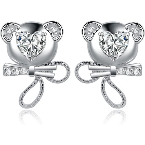 Kal-3.1ct Blanc Coeur Mignon Ours Boucles D'oreilles Zircon En Argent 925 Pour Femme, Clous D'oreilles Kawaii Papillon Noeud Pierre Pour Fille, Ensemble Parure De Bijoux Animaux Cadeau