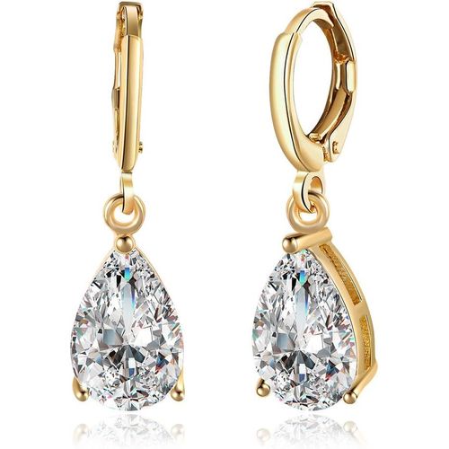 Kal-Boucles D'oreilles Pendantes En Forme De Goutte Pour Femme - Plaqué Or 14 Carats - Oxyde De Zirconium Transparent - Pour Mariage - Boucles D'oreilles Sensibles