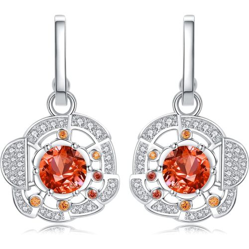 Kal-2.4ct Pizzas Boucles D'oreilles Taille Rond Synthèse Orange Saphir Argent 925 Pour Femme, Zirconium Pendantes Clous D'oreilles Pierre Ensemble Parure De Bijoux Cadeau Anniversaire