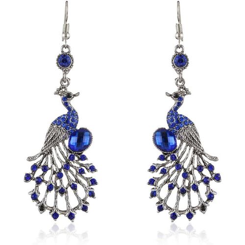 Kal-Boucles D'oreilles Pendantes Vintage En Forme De Paon Pour Femmes Et Filles - Cristal Bleu Bohème - Plume D'hibou - Boucles D'oreilles Pendantes - Bijoux De Noël - Cadeau Pour Elle