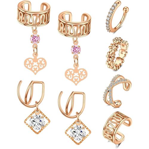 Kal-8 Pcs Boucles D'oreilles Clips Oreilles Non Piercées En Acier Inoxydable,Ear Cuff De La Chaîne Avec Vedette Crâne Cz Coeur Creux,Faux Piercing Helix Oreilles Cartilage Anneau Pour Femmes