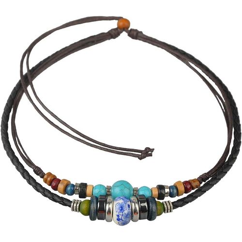 Kal-- Collier Ajustable En Corde De Chanvre Et Lanière De Cuir, Orné D'un Turquoise, 38cm