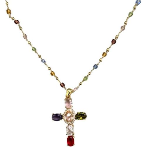 Kal-Collier Femme Bijoux En Acier Inoxydable Avec Pendentif Croix Colorée - Chaîne Or Élégante Pour Toutes Occasions