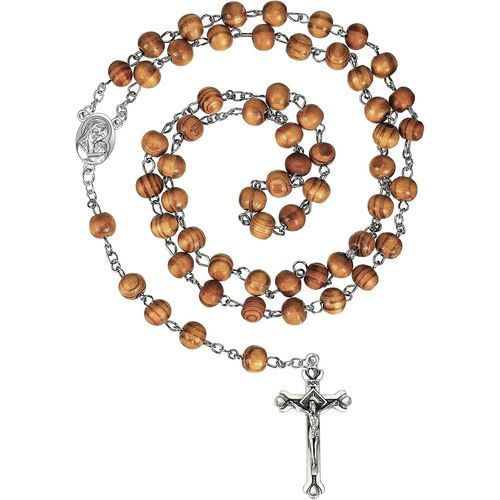 Kal-Collier Chapelet De Perles En Bois D'olivier Collier Pendentif De Croix Collier Religieux Catholique De Prière Chaîne De Chapelet De Baptême De Prière Sacrée Avec Médaille Crucifix Argent