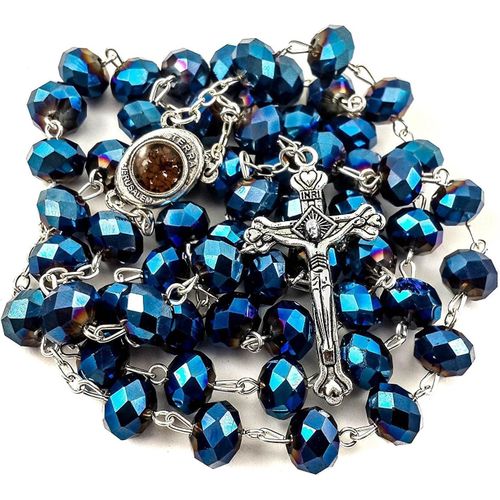 Kal-Store Chapelet De Perles De Cristal Bleu Profond, Collier De Prière Catholique, Médaille Du Sol Saint De Jérusalem, Croix De Terre Sainte, Chapelets Religieux Antiques, Collection De Perles