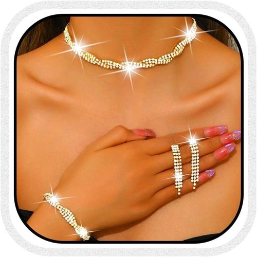 Kal-Ensemble De Bijoux De Mariée 3 Pièces Avec Collier En Strass Argenté Pour Femme