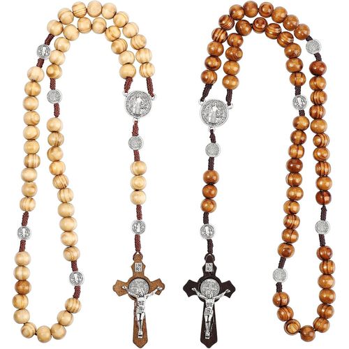 Kal-2 Pièces Chapelet Catholique En Bois Chaîne De Chapelet Chretien Avec Croix Cadeau Religieux Pour Baptême Garcon Fille Communion Confirmation
