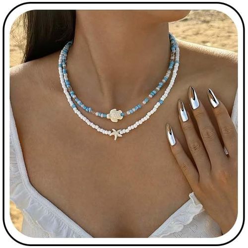 Kal-Collier Tour De Cou Tortue Étoile De Mer Collier Tour De Cou Perles De Rocaille Collier Étoile De Mer Perle Blanche Collier Collier Perle De Riz Bleu Collier Tortue Plage Été