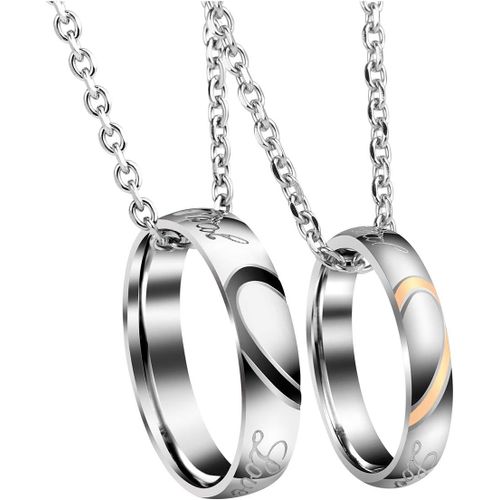 Kal-2pcs Collier Couple Pendentif Bague Gravure Personnalisé Acier Inoxydable Anneau Bague Amour Cadeau Valentine Homme Femme Avec Chaîne