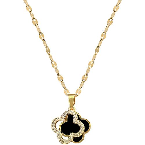 Kal-Collier Pendentif Trèfle À Quatre Feuilles En Onyx Pour Femme - Fine Bijoux En Acier Inoxydable Or Avec Zircon Incrusté - Cadeaux Lucky Pour Soeurs