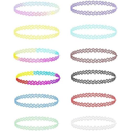 Kal-12 Pièces Collier Élastique,Collier Ras De Cou Fille,Collier Arc-En-Ciel Colliers Tour De Cou Bijoux Mode Bijouterie De Mode Pour Filles Filles Enfants Femmes En Caoutchouc,Plastique Élastique