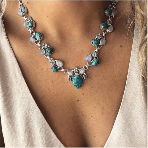 Kal-Collier Tour De Cou Turquoise Goutte D'eau Collier Pendentif Turquoise Goutte D'eau Collier Pierre De Lune Collier Tour De Cou Argent Chaîne Cristal Collier Pierre Naturelle Bleu Bijoux Pour