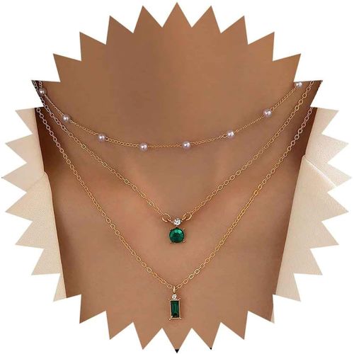 Kal-Collier Pendentif Émeraude Vintage Collier Ras De Cou Perle D'or Boucles D'oreilles Cristal Carré Vert Collier Chaîne Satellite Perle Collier Chaîne Émeraude Verte Bijoux Pour Femmes Filles