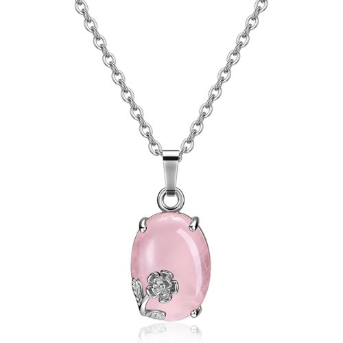 Kal-Bijoux Collier Pierre Naturelle Pendentif Ovale Avec Déco Petit Fleur Collier Femme Fille Cadeau Mère Valentine Amitié Bbf