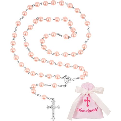 Kal-Collier Chapelet Catholique Rose Avec Croix Collier Perles Chapelet Chretien Et Sac Cadeau Rose Collier De Rosaire À Breloque Pour Fille Femme Fête Baptême Communion Mariage Confirmation