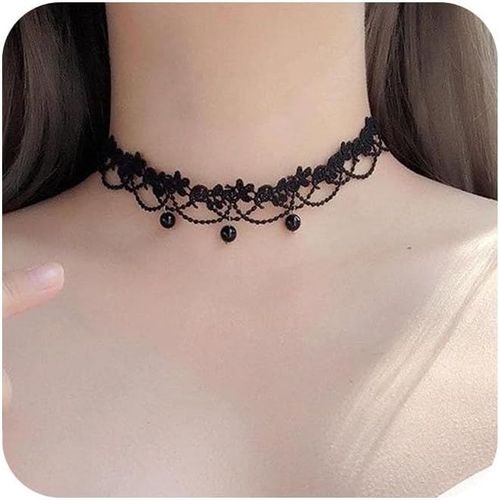 Kal-Vintage Collier Ras Du Cou En Dentelle Noir Collier En Dentelle Gothique Punk Pampilles Noir Perles Pendentifs Collier Ras Du Cou Princesse Mariée Dentelle Lolita Collier Bijoux Pour Femmes