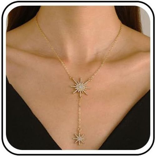 Kal-Collier Pendentif Étoile Du Nord En Strass Long Collier Lariat En Cristal Or Collier Étoile Céleste Collier Zircone Cubique Collier Étoile Bijoux Pour Femmes Et Filles