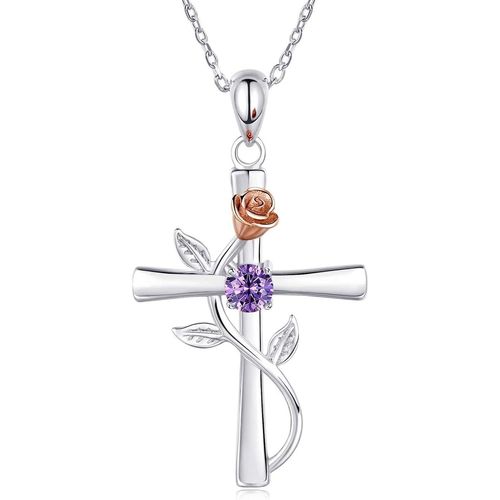 Kal-Rose Croix Pendentif Collier Cristal Fleur Feuille Crucifix Collier Religieux Chrétien Croix Bijoux Pour Femmes Filles Adolescents (Violet)