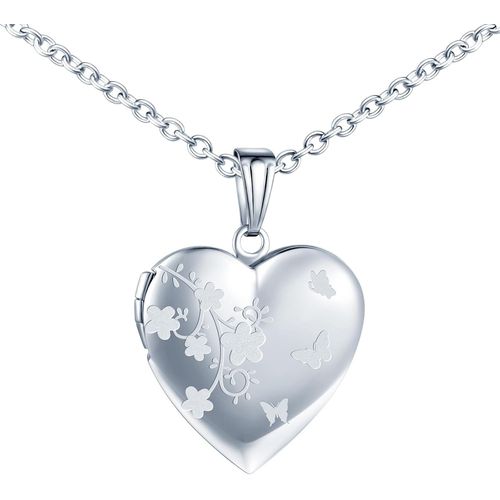 Kal-Collier Médaillon C?Ur Avec Fleurs Et Papillons, Acier Inoxydable Pendentif Porte Photo Médaillon Pour 2 Photo Personnalisé Pendentif Avec Chaîne 50cm Bijoux Pour Femme Filles