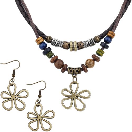 Kal-Collier De Perles En Bois Superposées, Boucles D'oreilles À Fleurs Creuses Collier Bohème Hippie Bijoux Bohème Unisexes Pour Hommes Et Femmes