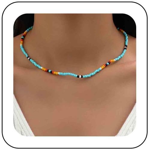 Kal-Collier Ras Du Cou En Perles De Bohème Collier De Perles De Rocaille Colorées Collier De Perles Arc-En-Ciel Collier Clavicule Court En Perles Vintage Collier De Perles De Riz Bleues