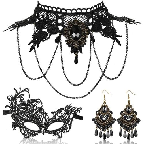 Kal-Bijoux Gothiques Vampires, 3 Pièces Ensemble Halloween Collier Boucles D'oreilles Masque Dentelle, Collier Dentelle Gothique, Masque Dentelle Noir Sexy, Boucles D'oreilles En Dentelle